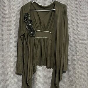 Olive Green Women's Draped Cardigan with Floral Appliqué